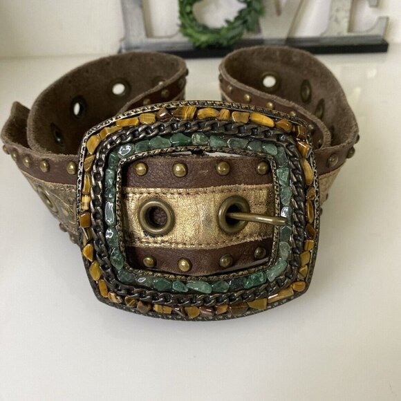 Handmade Brown Leather Statement Belt Semi Precious Stones Studs Up To Size 36 - Picture 14 of 16
